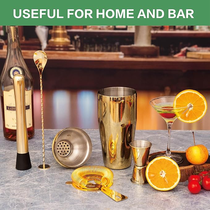Cocktail Shaker Set Bartender Kit,5 Piece Bar Set Stainless Steel Bar Tools Set for Professional Bartender and Home (Gold, 5-Piece)