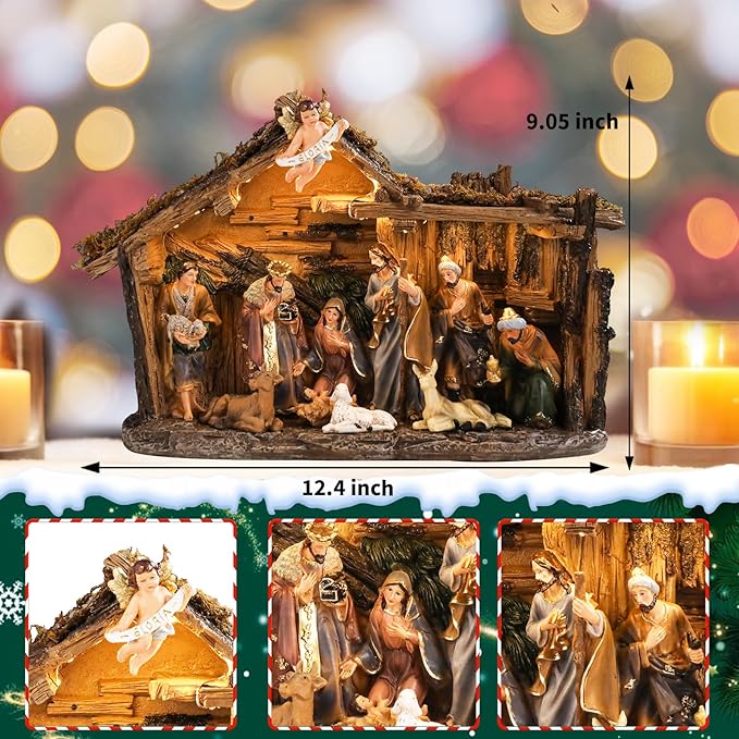 Christmas Nativity Set 9.5 Inch Village with LED Lights Figurine Nativity Music 3AA Batteries Interior Display Figurines Decorate Interior Room Tabletop Decor