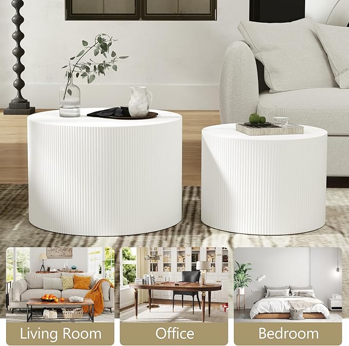 Round Coffee Table Set of 2, Modern Wooden White Nesting Coffee Tables for Living Room, No Assembly Required Circle Side Tables Set Accent End Table for Bedroom, Balcony