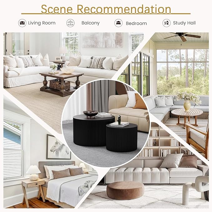 Round Coffee Table Set of 2 Modern Nesting Coffee Tables Wooden Drum Coffee Tables with Non-Slip Feet, Circle Nesting Tables End Table for Living Room Office, No Assembly (Black 27.56"+19.69")