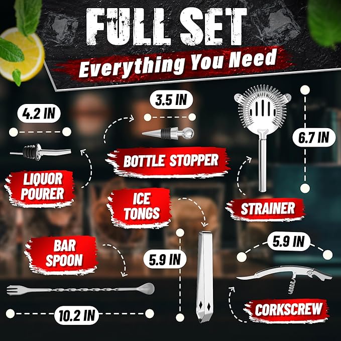 Bar Tool Set – Stainless Steel Mixed Drink Shaker Set with 10 Accessories, Durable & Easy to Clean – Bartender Kit with Stand | Wooden Organizer for Home Bar Setup, Great Gift for Cocktail Enthusiasts