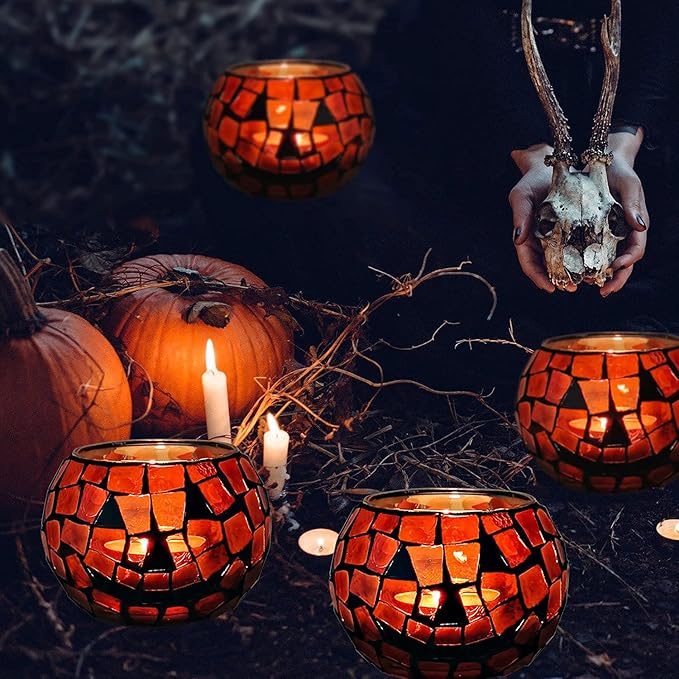SHMILMH Halloween Candles Holder Set of 4, Grimace Tealight Holders, Handmade Mosaic Pumpkin Glass Votive Candle Holders for Halloween Table Centerpiece Home Decor