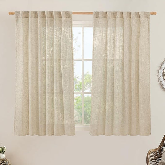 LAMIT Semi Sheer Linen Curtains 45 Inches Long 2 Panels, Light Filtering Panels Back Tab and Rod Pocket Neutral Drapes for Kitchen/Window/Bedroom, 52 x 45 Inch