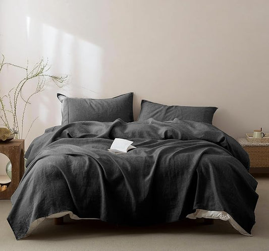 Talasily 100% French Pure Linen Sheets Set Twin Size,Oeko-TEX Certified Bedding, All-Season Breathable for Hot Sleepers,16 Inch Deep Pocket Machine Washable 3-Piece (Dark Grey)
