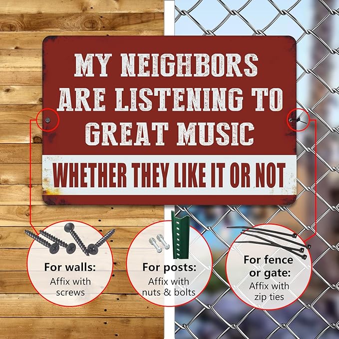 Funny Garage Decor Vintage Metal Tin Sign Music Gifts Home Room Backyard Wall Decorations for Men 12 X 8 Inches Outdoor & Indoor - My Neighbors Are Listening to Great Music (2pcs)