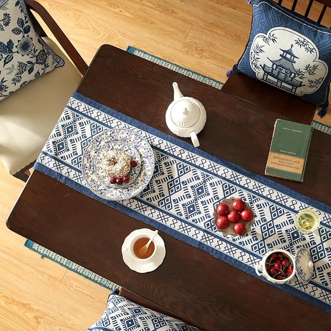 Chinoiserie Blue Stripe Table Runner for Table,Decorative Print Linen 71 Inches Long Table Runners,Decor Tabletop for Kitchen,Dining,Tea Party,Home,Christmas,12"*71"