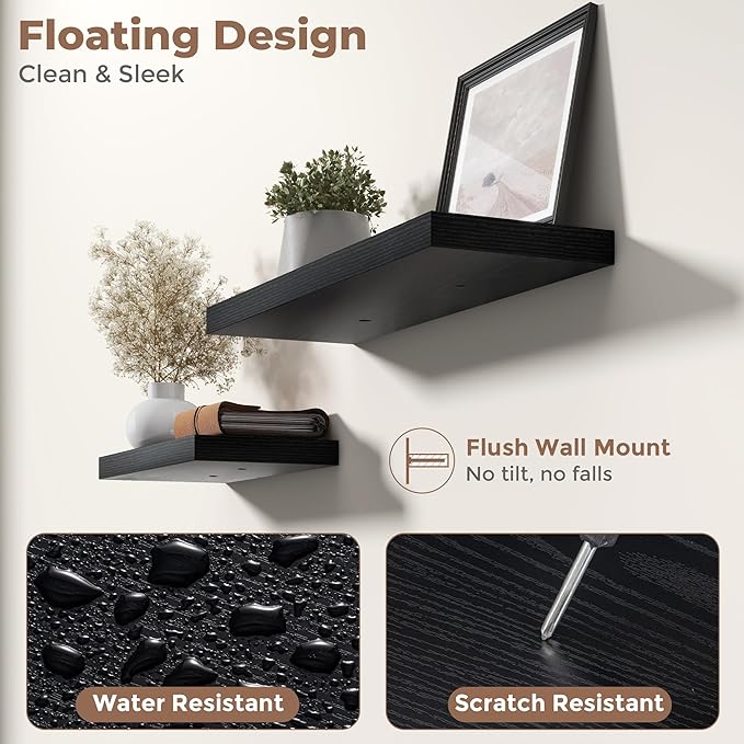 48 Inch Floating Shelves for Wall Set of 2, 8"D Wood Grain Bathroom Shelves with Invisible Brackets, Easy Install Engineered Wood Storage Shelves for Kitchen, Living Room, Bedroom, Black Finish