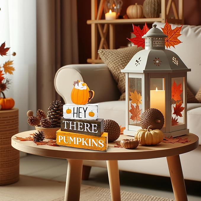 4 Pcs Fall Decor Wooden Tiered Tray Decor, Pumpkins Autumn Decorations Gifts for Home, Thanksgiving Table Centerpiece for Autumn Harvest Party Kitchen