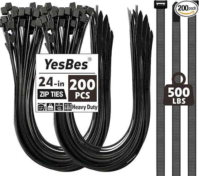 200 PCS Zip Ties 24 Inch Heavy Duty, Large Cable Ties 500lbs Tensile Strength, Black Zip Ties for Indoor and Outdoor Use, UV Resistant Wire Ties