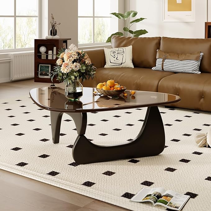 Coffee Table for Living Room Mid Century Modern Center Table with Glass Top, Black Brown
