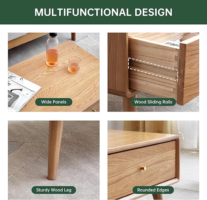 100% Solid Wood Coffee Table for Living Room, 47.24" W Mid Century Modern Coffee Table with 4 Drawers, Oak Coffee Tables for Home (Natural Wood Color, 47.24" W)