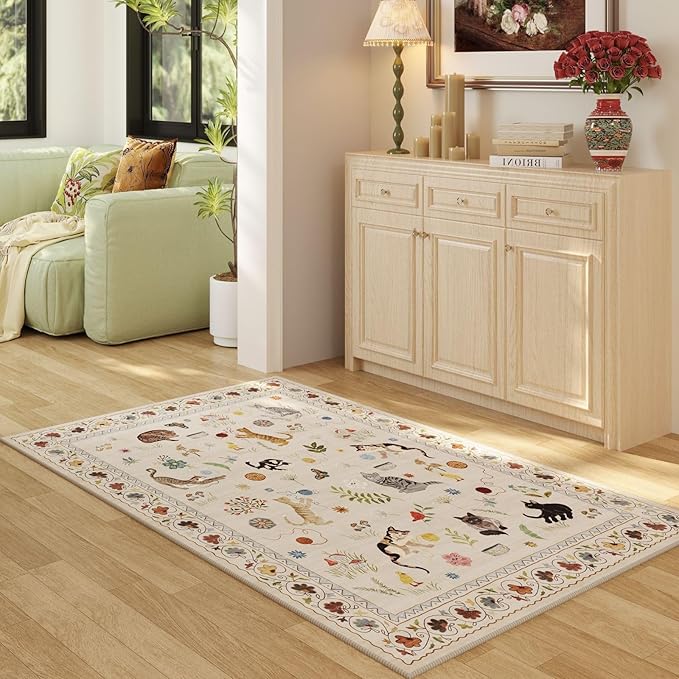 Rugcomf Bedroom Rug 3x5 Rug Washable Area Rug Non Slip Low Pile Boho Floral Animal Cat Small Carpet for Bedroom Bedside Kitchen Entryway Kids Room Office College Dorm Essentials for Girls, Beige