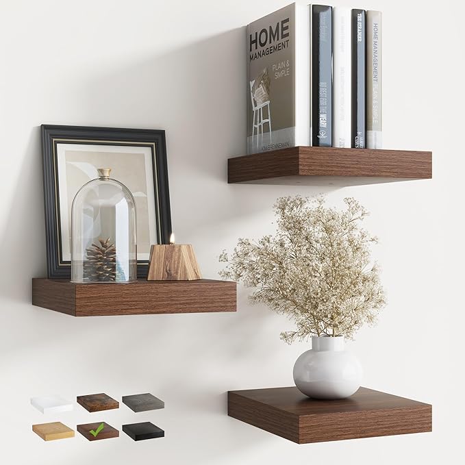 8 Inch Square Floating Shelves for Wall 3 Pack, 8"D Wood Grain Bathroom Shelves with Invisible Brackets, Easy Install Engineered Wood Storage Shelves for Kitchen, Living Room, Bedroom, Walnut Finish