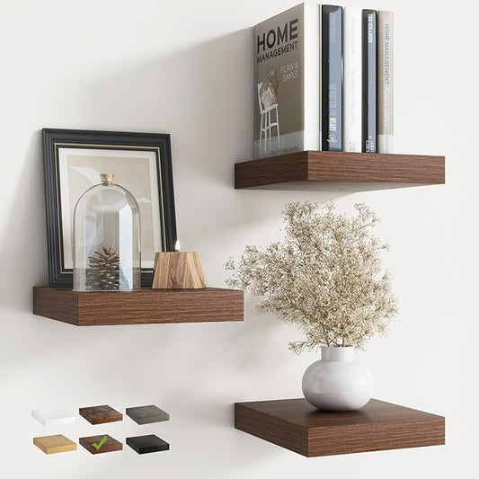 8 Inch Square Floating Shelves for Wall 3 Pack, 8"D Wood Grain Bathroom Shelves with Invisible Brackets, Easy Install Engineered Wood Storage Shelves for Kitchen, Living Room, Bedroom, Walnut Finish