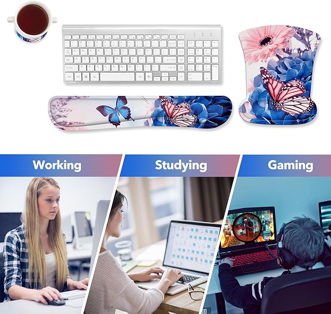 AIMSA Wrist Rest Support Mouse Pad Ergonomic, Memory Foam Keyboard Wrist Rest Set Non-Slip Easy Typing and Relieve Wrist Pain Mouse Mat for Computer Office -Butterfly Flower