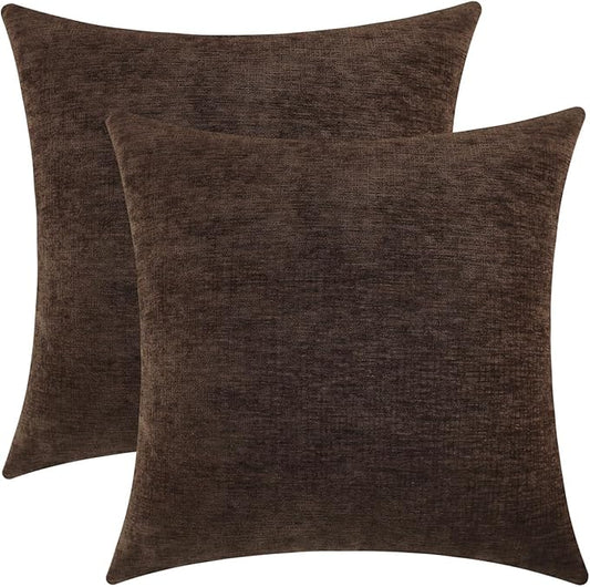Coffee Brown Chenille Decorative Couch Throw Pillow Covers, Soft Cushion Cases for Home Livingroom Sofa Décor, Pack of 2, 14 x 14 Inches