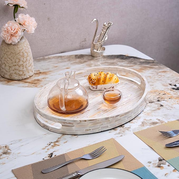 PEMAR 15.7"x11.8" Oval Mother of Pearl Serving Tray, Decorative Ottoman Tray for Living Room, Coffee Table, Breakfast in Bed, Candle Display (White Cream)