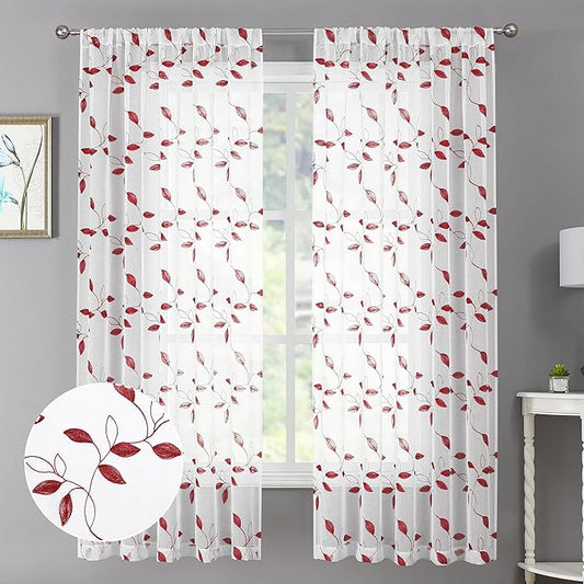 Tollpiz Burgundy Red Leaf Sheer Curtain Leaves Embroidered Bedroom Curtains Rod Pocket Voile Window Treatments for Living Room, 38 x 63 inches Long, Set of 2 Panels