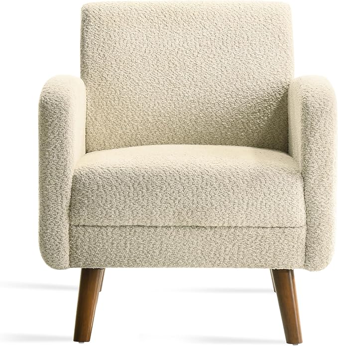 Ultra Comfortable Accent Chair with Deep Seat, Mid-Century Modern Boucle Upholstered Armchair with Rubberwood, Minimal Assembly Required, Cozy Armchair for Living Room or Bedroom (Beige, Single 1)