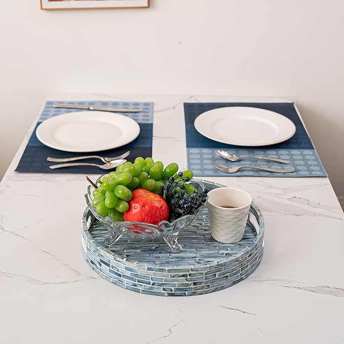 PEMAR 12.6” Mother of Pearls Lacquer Inlaid Round Serving Tray with Handles, Round Decorative Nacred Wooden Ottoman Coffee Table Tray (Blue Tiles)