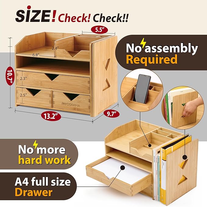 Pandorama Bamboo Desk Organizer with Adjustable File & Book Holder, Large 4Tier Dektop Storage for Office, A4 Full Size Drawer, No Assembly Required,Kitchen and Bedroom