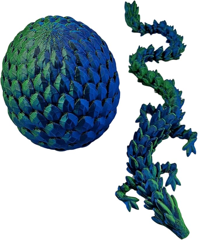 3D Printed Dragon Egg Articulating Gemstone Dragon Fidget Figurine - Vibrant Color Dragons Flexible ADHD, Autism and Anxiety Relief - Articulated Joints (Blue Green Silk)