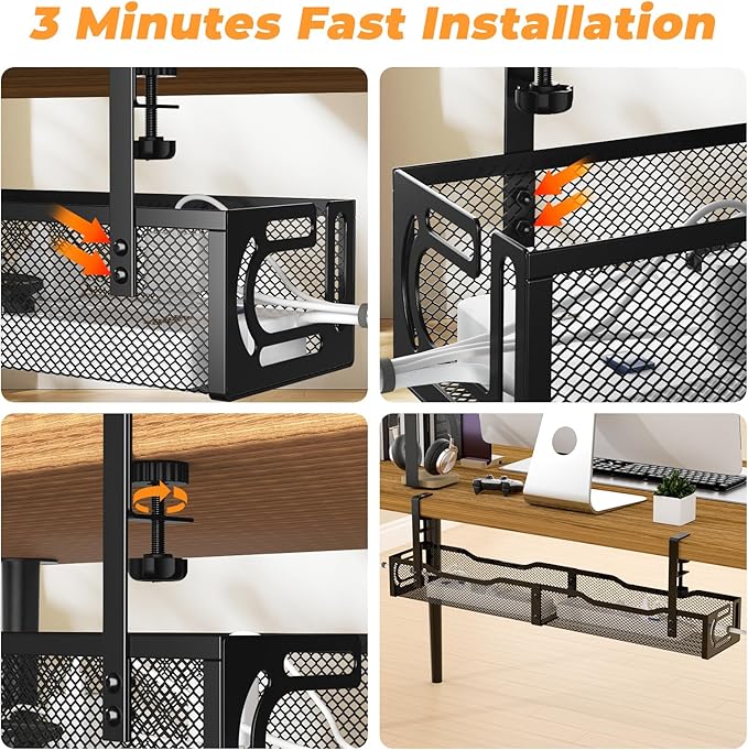 Under Desk Cable Management Tray, No Drill Steel Desk Cable Organizers, Wire Management Tray Cable Management Rack (24.4" Length-Black)
