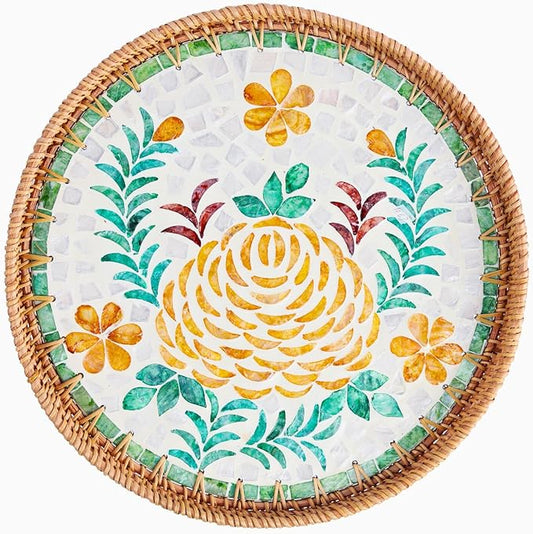 14" Large Rattan Serving Tray with Mother of Pearl, Round Coffee Table Tray Decor, Boho Decorative Hand-Woven Wicker Home Decor (Peony Flower)