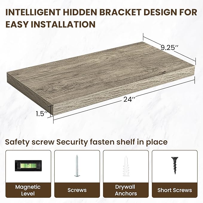 24 Inch Floating Shelves, 12 Inch Deep Floating Shelves for Wall, Floating Shelf with Invisible Brackets, Deep Shelves for Bathroom, Bedroom, Living Room, 2 Pack, Vintage Gray Oak