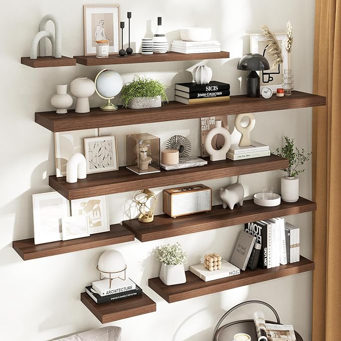 Floating Shelves for Wall with Invisible Brackets, Wall Mounted Engineered Wood Shelves with Wood Grain for Living Room, Bedroom, Bathroom, Kitchen Decor and Storage, Oak, 55"L Set of 2, Walnut