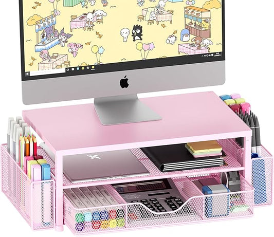 Desk Organizers and Accessories, 2-Tier Computer Monitor Stand Riser with Drawer and 2 Pen Holders, Laptop Stand, Office Desk Accessories for Office Supplies, Pink