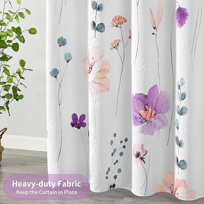 QIYI Watercolor Floral Shower Curtain, 3D Embossed Butterflies Purple Pink Flower Bathroom Curtain, Minimalist White Cloth Bath Curtains, Waterproof Fabric Texture Shower Curtain Set with Hooks, 72x72