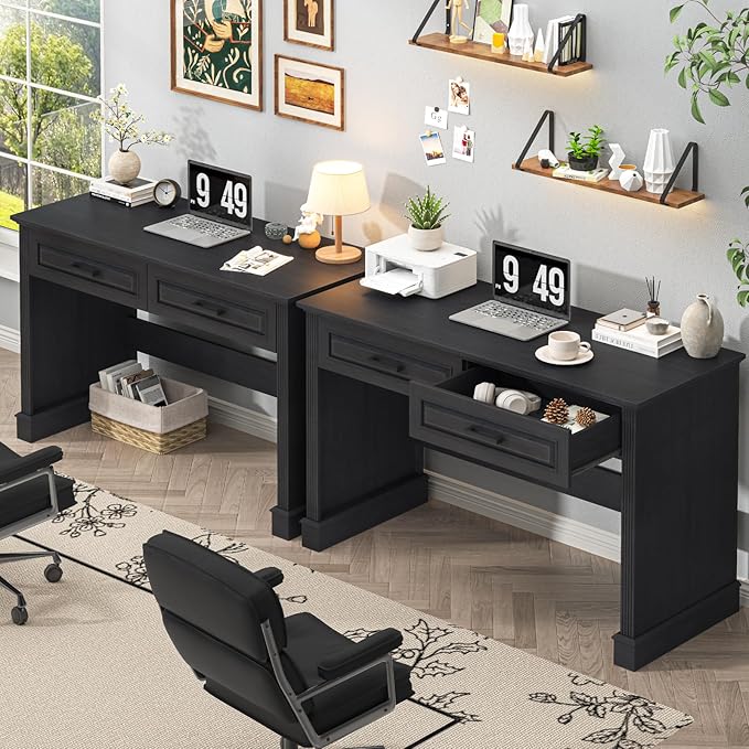 Farmhouse Executive Desk, 48 Inch Computer Desk with 2 Drawers, Simple Home Office Writing Desk Workstation for Bedroom Study Small Spaces, Black