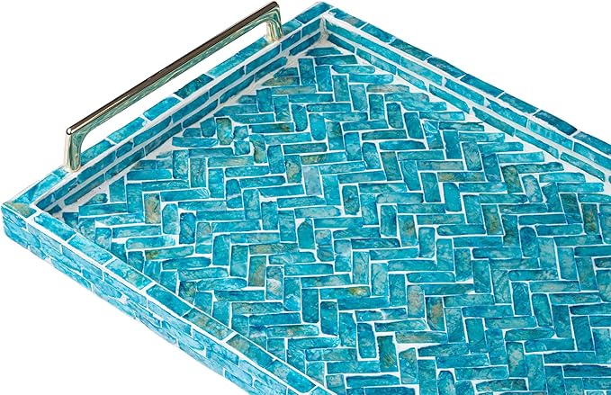 PEMAR Capiz Shell Decorative Tray with Gold Handles – 15.7"x11.8" Rectangular Display & Serving Tray for Vanity, Dresser, Bathroom (Mosaic Chevron)