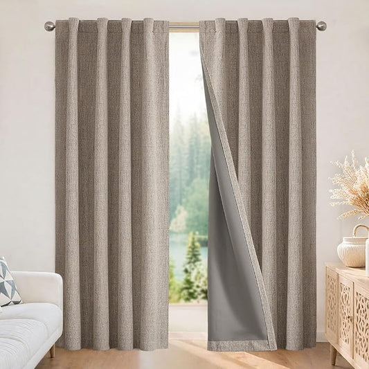 Joydeco Blackout Curtains for Bedroom - 100% Light Blocking 2 Panels Set Linen Drapes 70" W x 90" L, Thermal Insulated Room Darkening Curtains, Linen Textured for Living Room, Rod Pocket & Back Tabs