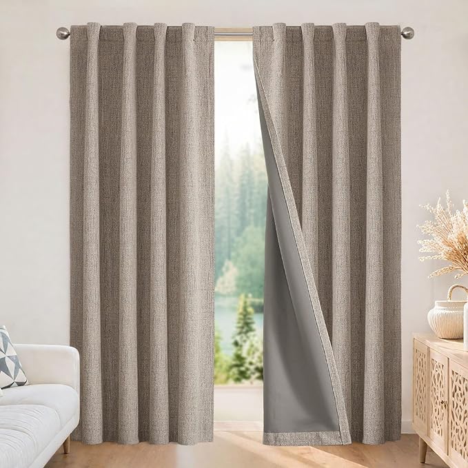 Joydeco Blackout Curtains for Bedroom - Natural Linen Curtains 37 X 84 inch, Thermal Insulated 100% Blackout 2 Panels Light Blocking Drapes, Rod Pocket & Back Tabs, Darkening Privacy for Living Room