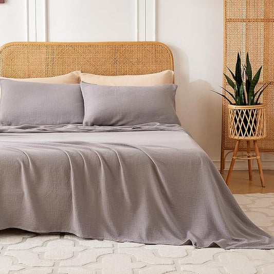 Twin Sheets Set 100% Cotton Bed Sheets 3 Pcs Gray Fall Linen Like Sheet 16" Deep Pocket Sheet & Pillowcase Sets Boho Muslin Soft Twin Bedding Sets for All Season Machine Wash