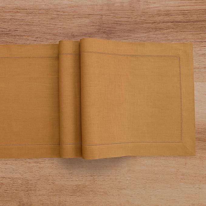 Solino Home Linen Brown Sugar Table Runner 108 Inches Long - 100% Pure Linen 14 x 108 Inch Table Runner for Fall, Autumn, Thanksgiving - Classic Hemstitch