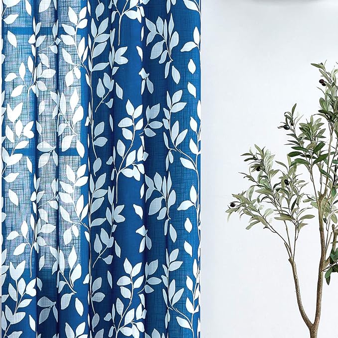 White and Blue Curtains for Bedroom 72" Length Semi-Sheer Print Leaf Curtains for Living Room Windows, Deep Blue Grommet Top, 2 Pack