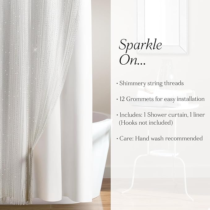 Lush Decor Night Sky String Thread Shower Curtain With PEVA Liner, 2 Piece Set, 72" W x 72" L, White - Silver String Shower Curtain and Liner Set - Shimmery Bath Curtain - Modern Glam Bathroom Decor