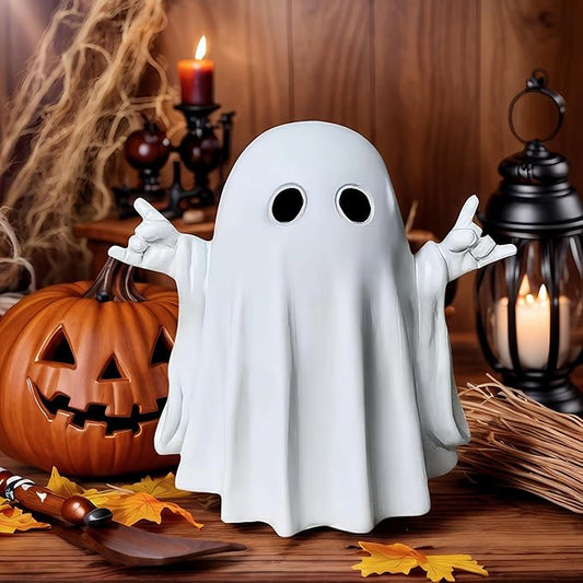 Halloween Funny Ghost Figurine with Rock Hand– Glossy Resin Halloween Ghost Decor, Spooky Home Decorations for Music Lovers, Gothic Desk Ornament, Novelty Rock and Roll Gift