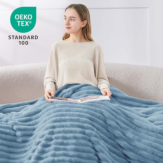 BEDELITE Fleece Throw Blanket for Couch - 300GSM Soft & Warm Fluffy Light Blue Blanket, Decorative and Giftable Striped Blankets for Women, Men, 50"x70"