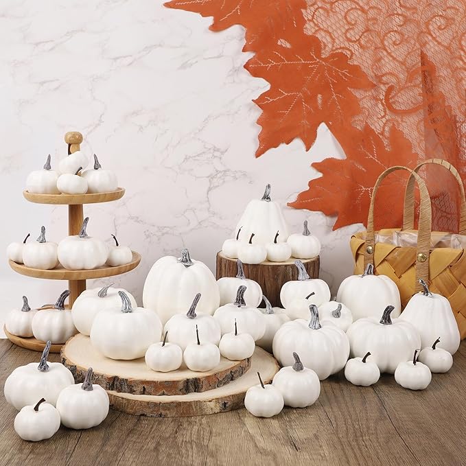 winemana 46 Pcs Assorted Size Artificial Pumpkins Fall Decorations, White Foam Pumpkin Autumn Decor, Decorative Faux Pumpkin for Halloween Thanksgiving Table Centerpiece Mantle Bowl Wedding Party