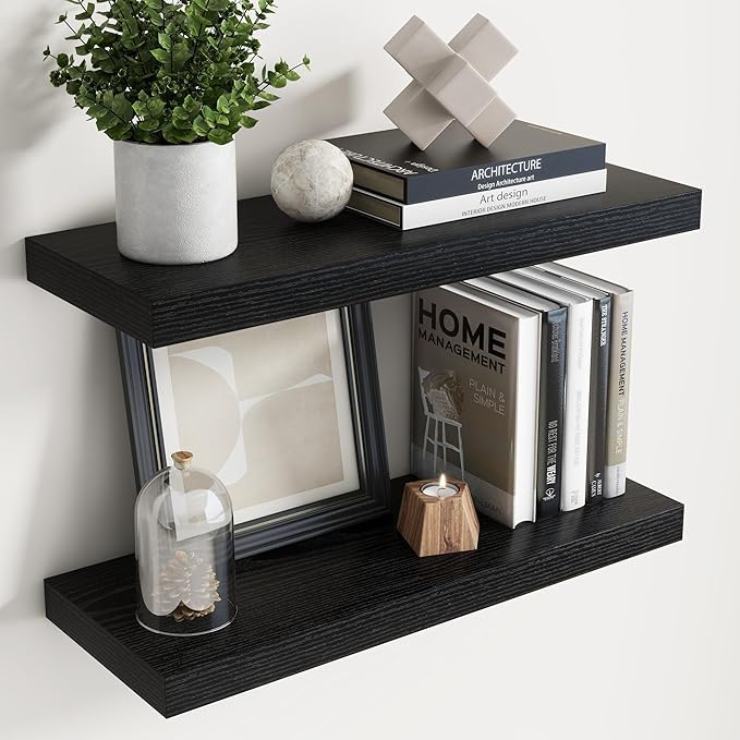 Floating Shelves for Wall with Invisible Brackets, Wall Mounted Engineered Wood Shelves with Wood Grain for Living Room, Bedroom, Bathroom, Kitchen Decor and Storage, Oak, 24"L Set of 2, Black