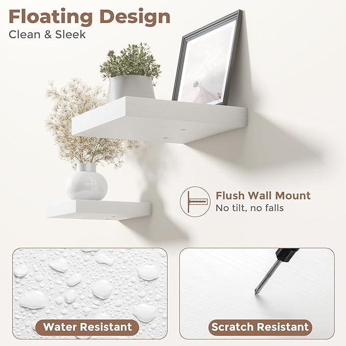 Floating Shelves for Wall with Invisible Brackets, Wall Mounted Engineered Wood Shelves with Wood Grain for Living Room, Bedroom, Bathroom, Kitchen Decor and Storage, Oak, 12"L Set of 3, White