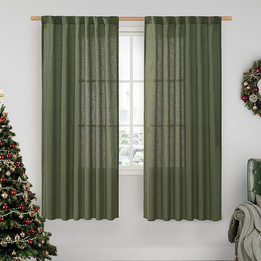 LAMIT Light Filtering Linen Curtains 68 inch for Bedroom, Linen Textured Semi Sheer Back Tab and Rod Pocket Boho Modern Christmas Decor Drapes for Living Room, Olive Green, 2 Panels, 52 x 68 Inch