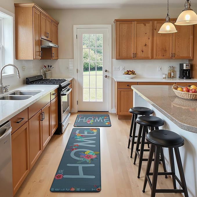 GENIMO Anti Fatigue Kitchen Mats for Floor, Non Slip Washable Home Theme Rugs Sets of 2, Farmhouse Cushioned Waterproof Comfort Runner Rug for Kitchen, Sink, Desk, Laundry, 17"x 59"+17"x 30", Blue