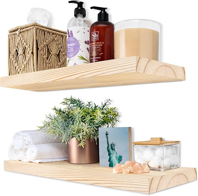 Sorbus Wood Floating Shelves for Wall - 16” Solid Wood Shelves for Bathroom Decor, Books, Bedroom & Living Room - Set of 2 Natural Wall Mounted Kitchen Shelves - Durable Solid Pine