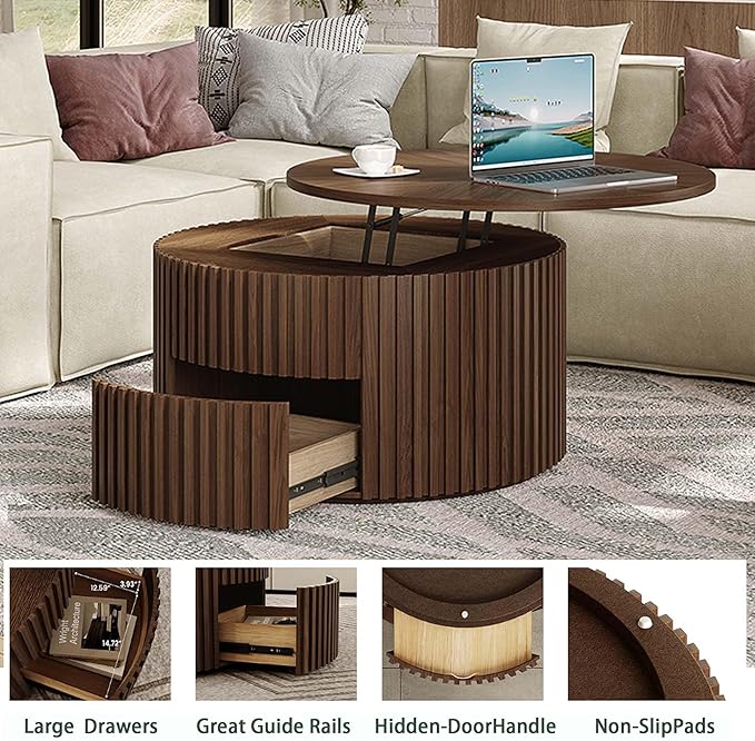 POVISON Round Coffee Table with Storage, Lift Top Coffee Table for Living Room, 31.65" Fluted Mid Century Modern Center Table for Home, Office, Walnut, Fully Assembled
