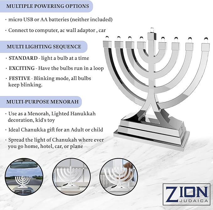 Mini Electric Menorah LED Battery or USB Powered - Push Button Multi Light Settings - Hanukkah Battery Operated Minorah Small Menorahs for Office Car Home Chanukah Decorations By Zion Judaica (Silver)
